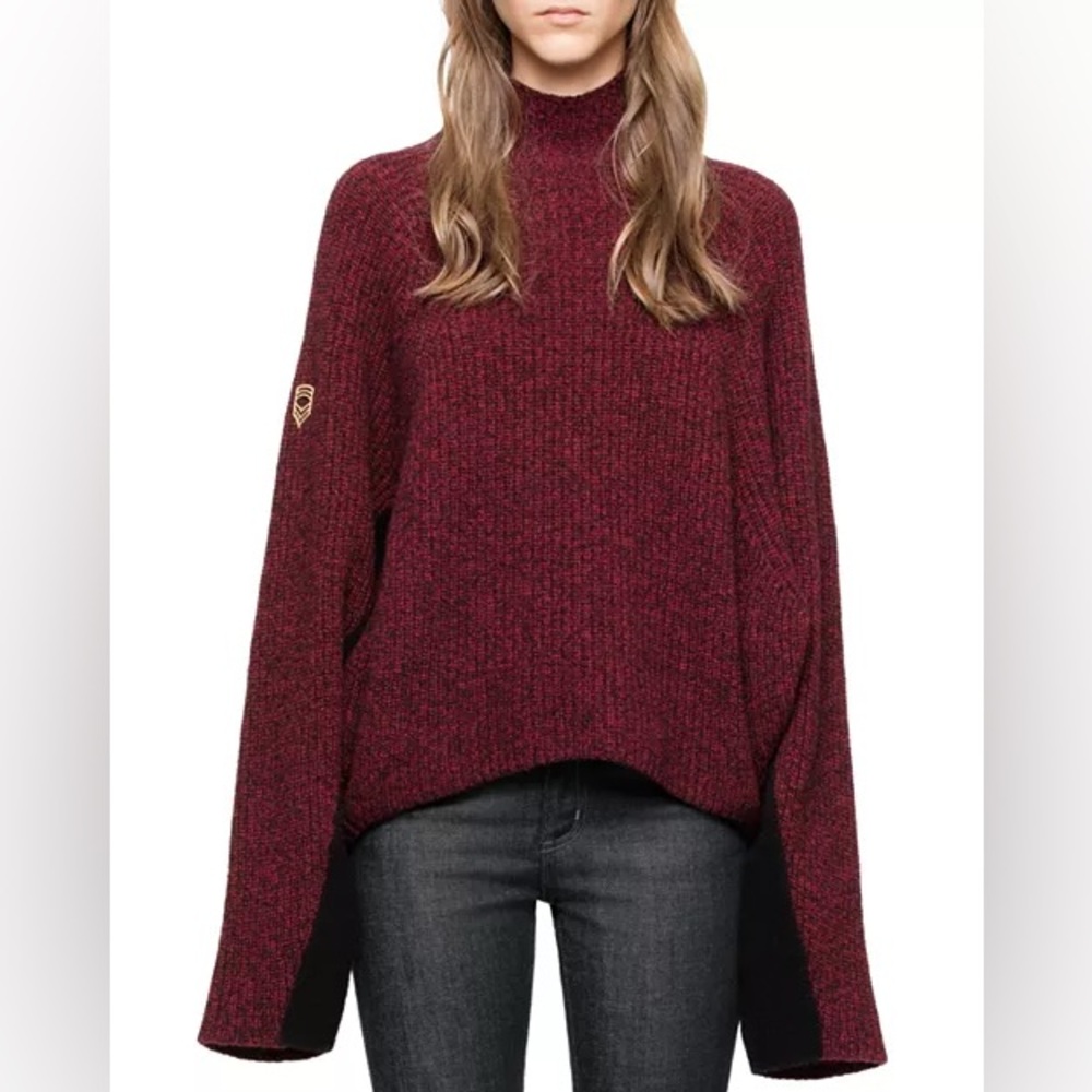 Zadig & Voltaire Lola Oversize Mock Neck Dolman Sleeve Sweater Large Red Black